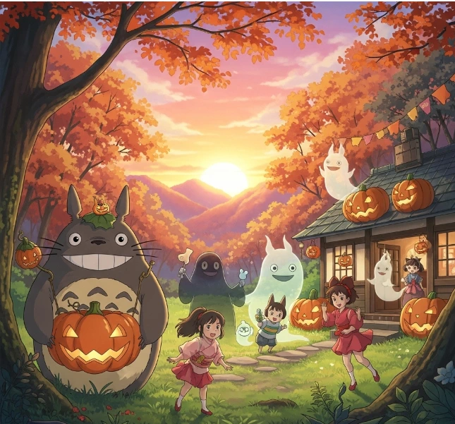 Free printable Halloween coloring page with a haunted house, pumpkins, ghosts, and a witch