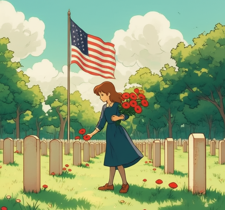 Family with children honoring fallen soldiers on Memorial Day 2025, standing near American flags and gravestones with red poppies under a clear sky