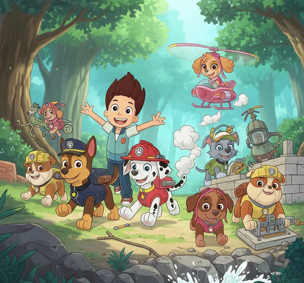 Printable Paw Patrol coloring page featuring Chase, Marshall, and Skye in action