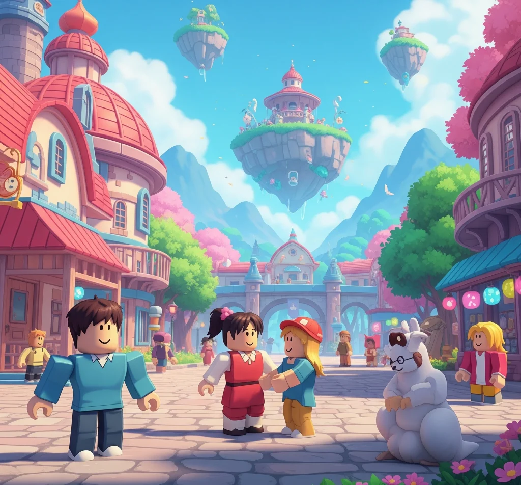 Printable Roblox coloring page featuring popular avatar characters and game scenes