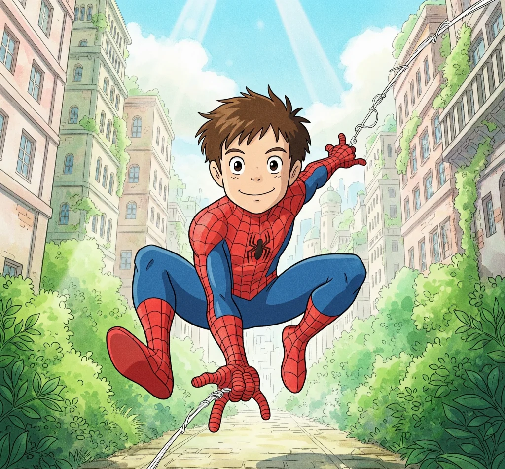 Free Spider-Man coloring page with Spidey swinging between buildings using his web in action pose