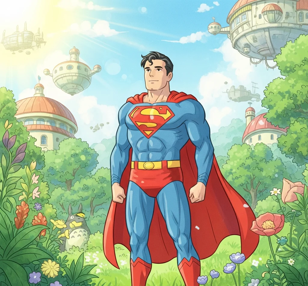 Free printable Superman coloring page with Superman flying through the sky in classic cape pose