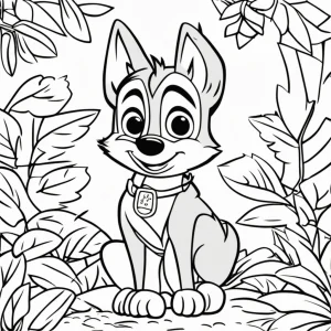Black and white bluey coloring page of a smiling cartoon dog bluey sitting in a jungle-like setting, surrounded by leaves and plants