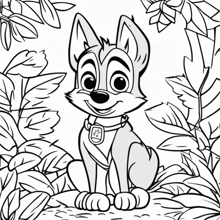 Black and white bluey coloring page of a smiling cartoon dog bluey sitting in a jungle-like setting, surrounded by leaves and plants