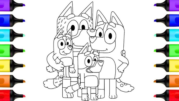 Bluey Coloring Pages featuring Bluey and Bingo in a playful scene