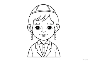 Black and white coloring page of a smiling Jewish boy wearing a kippah and traditional attire.