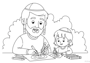 Children dancing with Israeli flags in a line drawing.