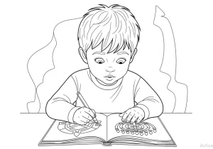 Black and white coloring page of a boy focused on drawing inside a book.