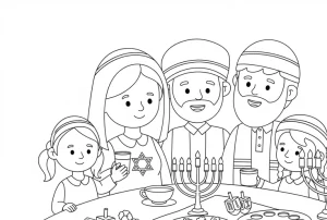 Jewish Coloring Pages of a Jewish family celebrating Hanukkah with a menorah and dreidels