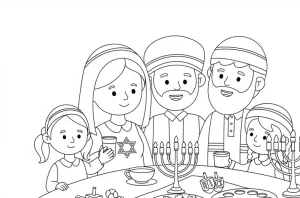 Black and white Jewish-themed coloring page with traditional items.