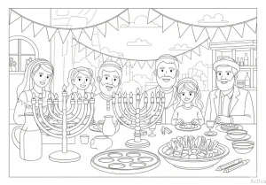 Hanukkah-themed line art with menorah and dreidels.