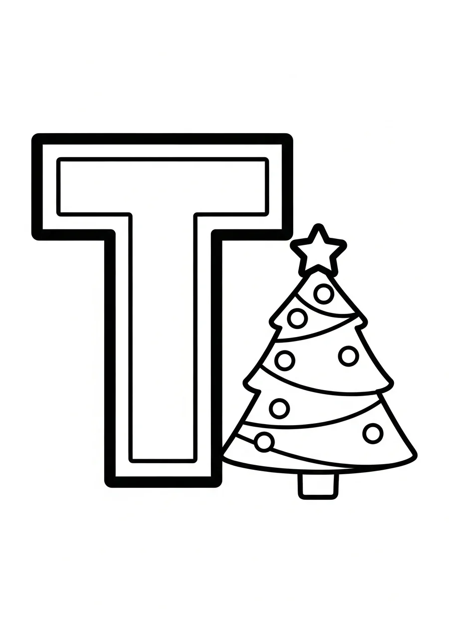 Christmas alphabet coloring page T for Tree